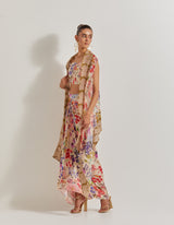 Blooming Burst Satin Cowl Skirt Paired With Stretch Bustier And Georgette Cape With Lace Border