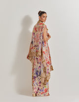 Blooming Burst Satin Cowl Skirt Paired With Stretch Bustier And Georgette Cape With Lace Border