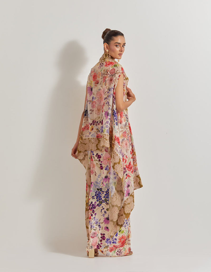 Blooming Burst Satin Cowl Skirt Paired With Stretch Bustier And Georgette Cape With Lace Border