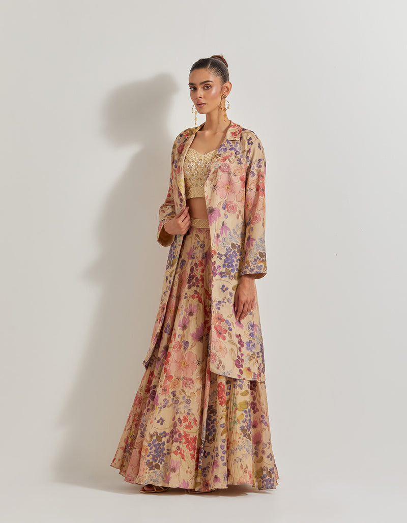 Blooming Burst Tissue Chanderi Panelled Skirt Paired With Hand Emebellished Bustier And Long Jacket