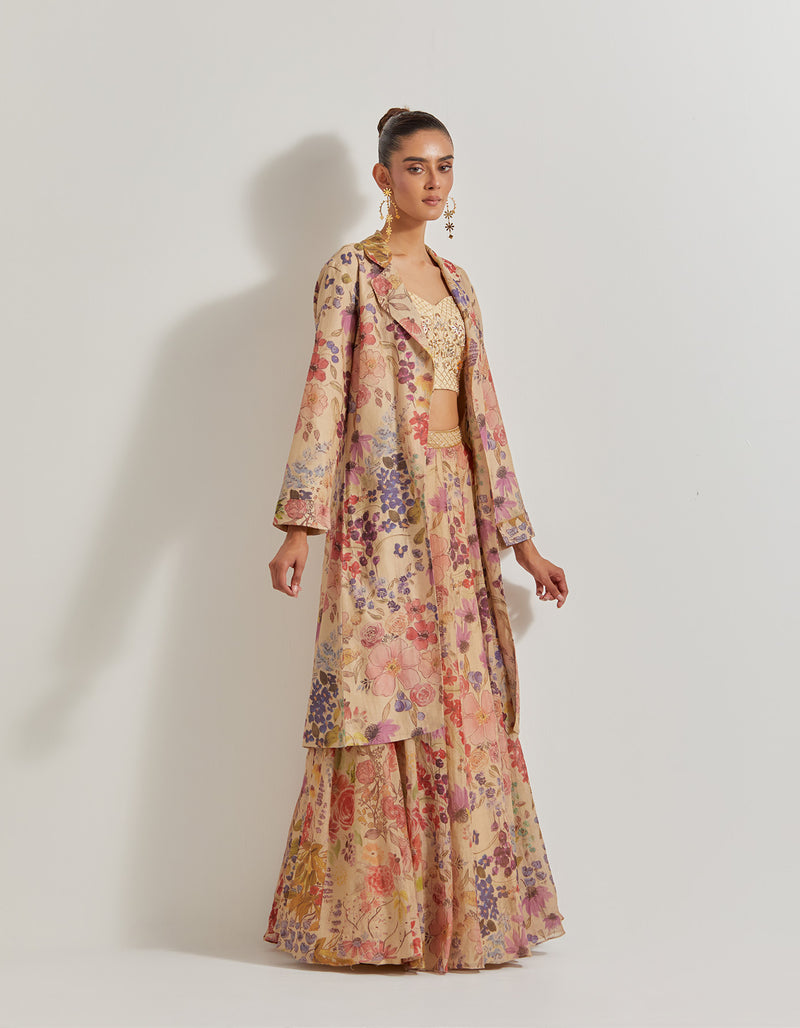 Blooming Burst Tissue Chanderi Panelled Skirt Paired With Hand Emebellished Bustier And Long Jacket