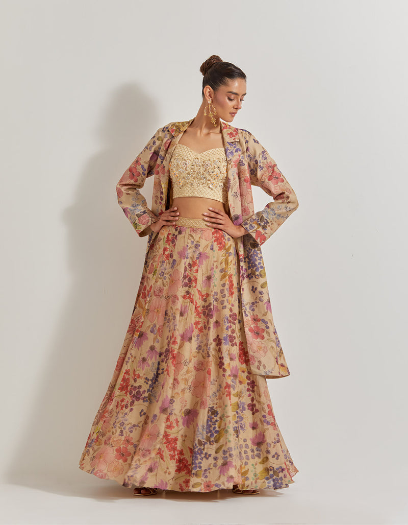 Blooming Burst Tissue Chanderi Panelled Skirt Paired With Hand Emebellished Bustier And Long Jacket