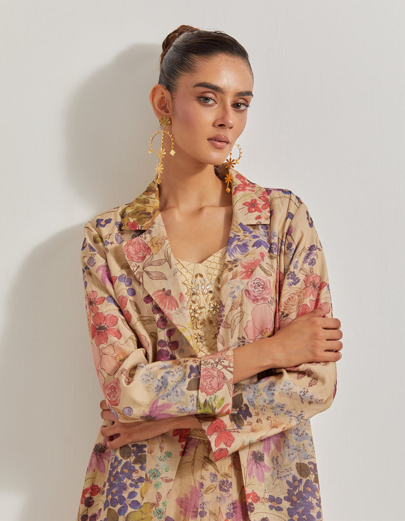 Blooming Burst Tissue Chanderi Panelled Skirt Paired With Hand Emebellished Bustier And Long Jacket