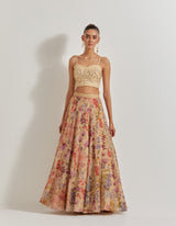 Blooming Burst Tissue Chanderi Panelled Skirt Paired With Hand Emebellished Bustier And Long Jacket