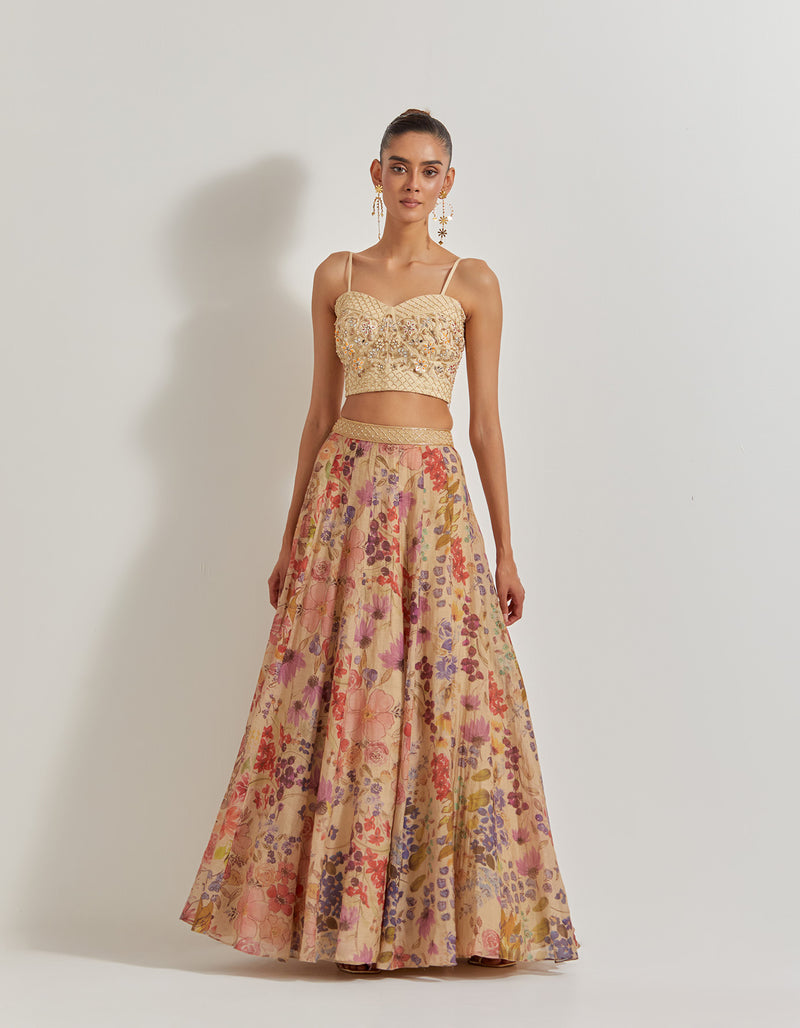 Blooming Burst Tissue Chanderi Panelled Skirt Paired With Hand Emebellished Bustier And Long Jacket