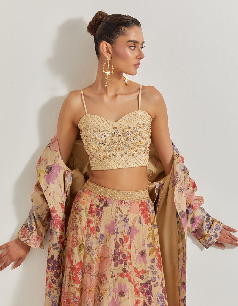 Blooming Burst Tissue Chanderi Panelled Skirt Paired With Hand Emebellished Bustier And Long Jacket