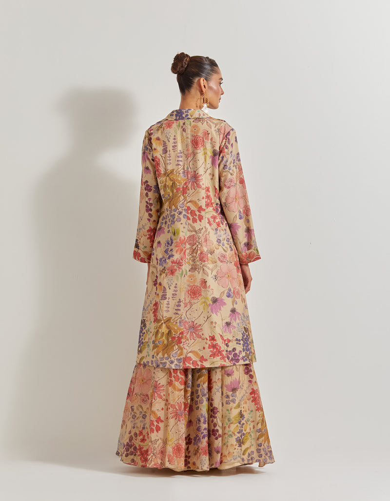Blooming Burst Tissue Chanderi Panelled Skirt Paired With Hand Emebellished Bustier And Long Jacket