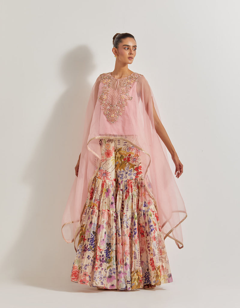 Blooming Burst Pleated Chanderi Silk Sharara Paired With Organza Silk Hand Embllished Cape