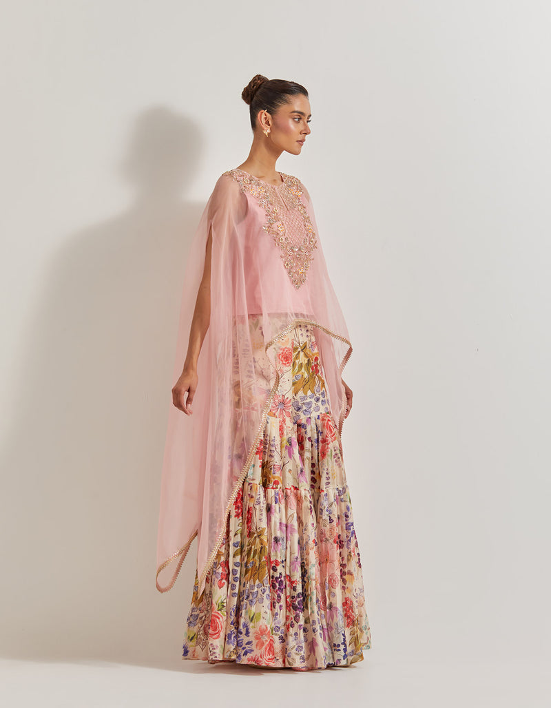Blooming Burst Pleated Chanderi Silk Sharara Paired With Organza Silk Hand Embllished Cape