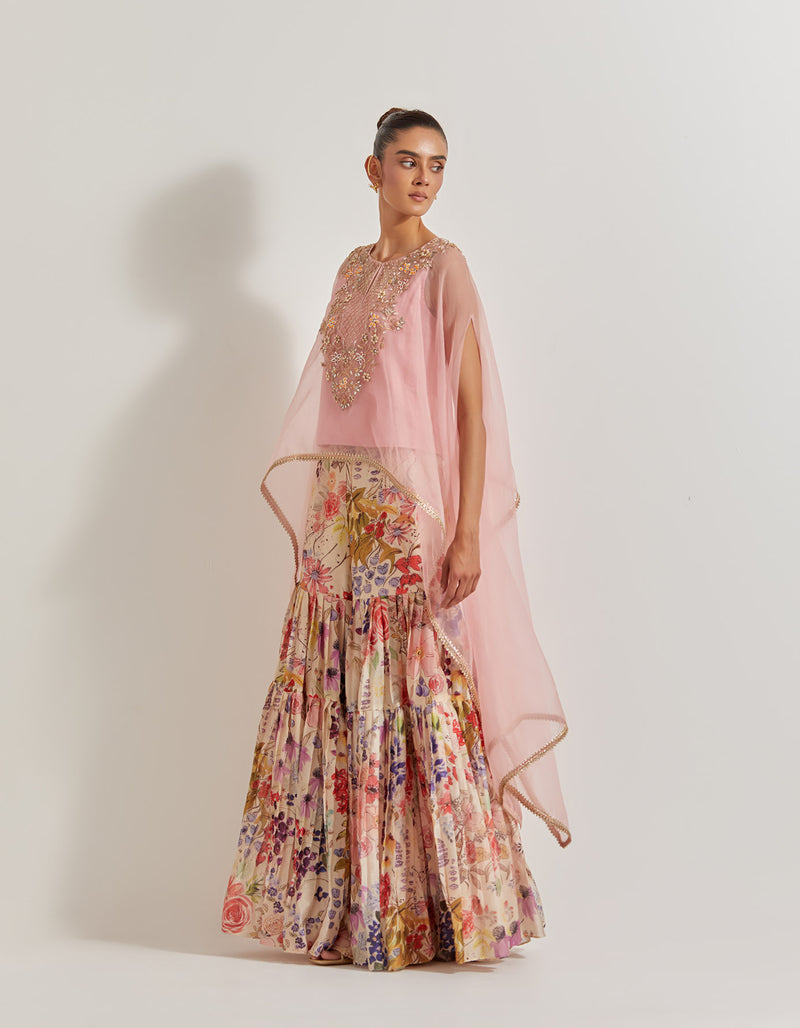 Blooming Burst Pleated Chanderi Silk Sharara Paired With Organza Silk Hand Embllished Cape