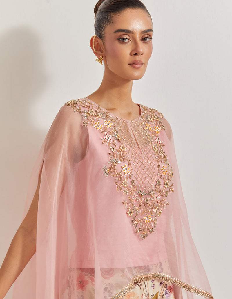 Blooming Burst Pleated Chanderi Silk Sharara Paired With Organza Silk Hand Embllished Cape