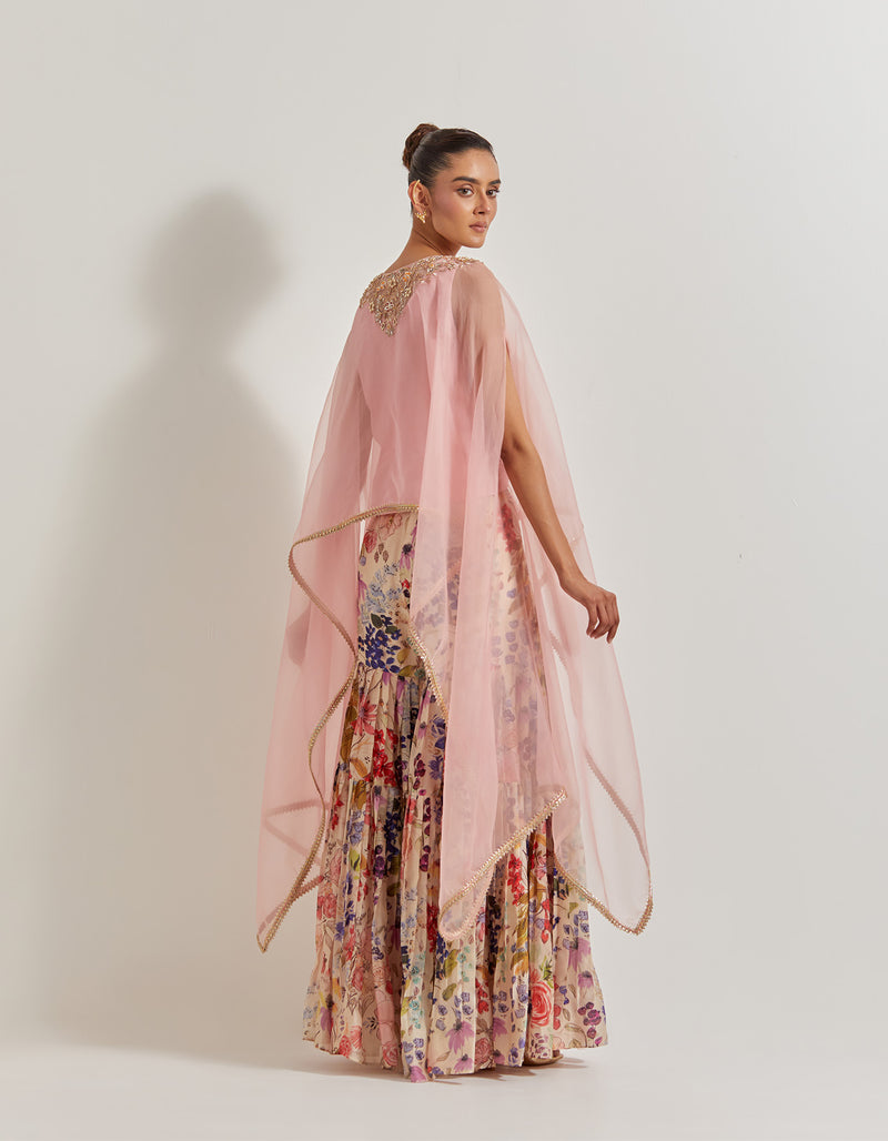 Blooming Burst Pleated Chanderi Silk Sharara Paired With Organza Silk Hand Embllished Cape