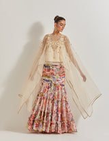 Blooming Burst Ruched Tiered Skirt Paired With Organza Silk Hand Embllished Cape