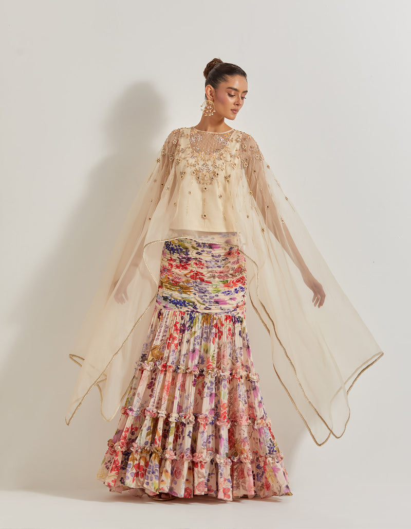 Blooming Burst Ruched Tiered Skirt Paired With Organza Silk Hand Embllished Cape
