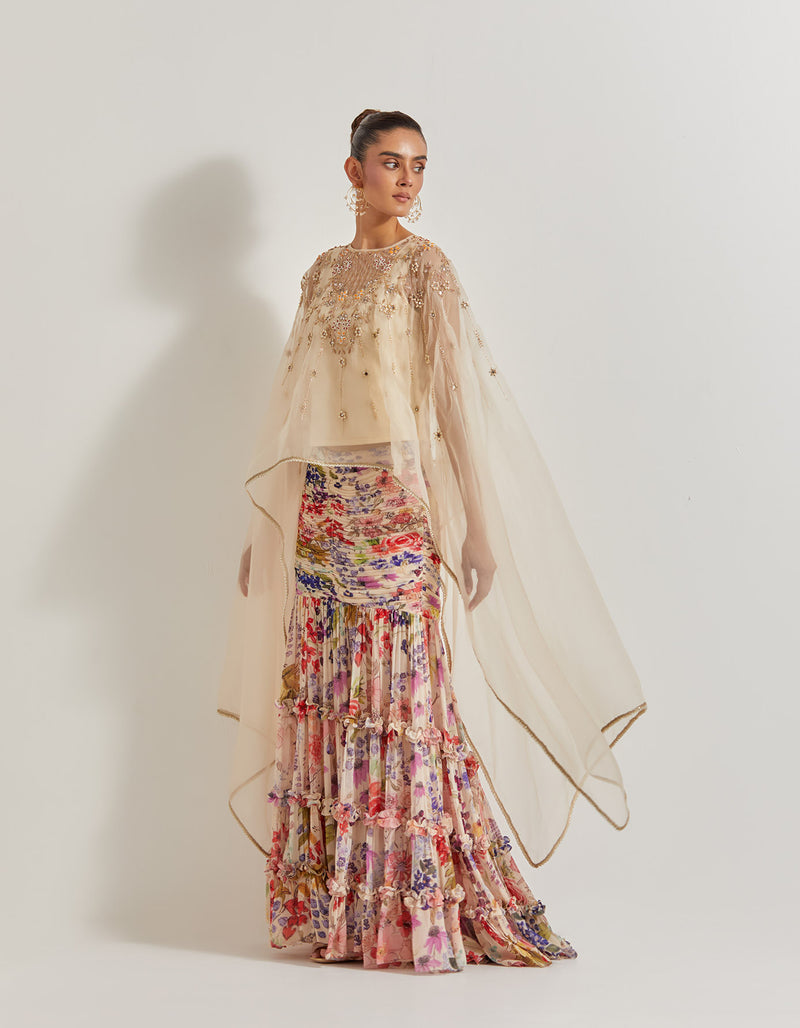 Blooming Burst Ruched Tiered Skirt Paired With Organza Silk Hand Embllished Cape