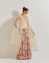 Blooming Burst Ruched Tiered Skirt Paired With Organza Silk Hand Embllished Cape
