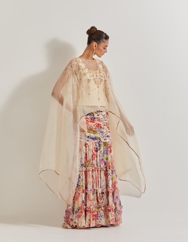 Blooming Burst Ruched Tiered Skirt Paired With Organza Silk Hand Embllished Cape