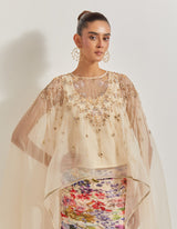 Blooming Burst Ruched Tiered Skirt Paired With Organza Silk Hand Embllished Cape