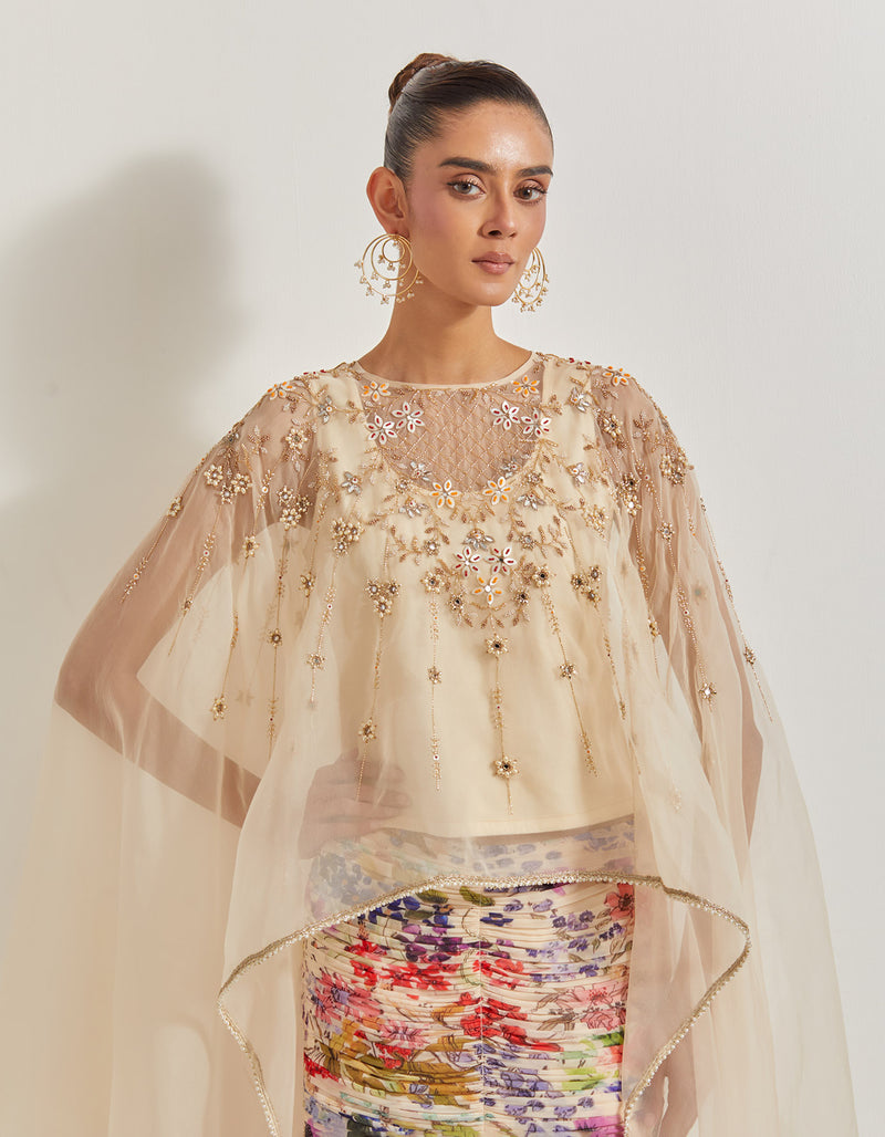 Blooming Burst Ruched Tiered Skirt Paired With Organza Silk Hand Embllished Cape