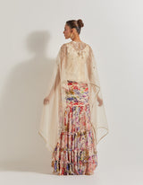 Blooming Burst Ruched Tiered Skirt Paired With Organza Silk Hand Embllished Cape