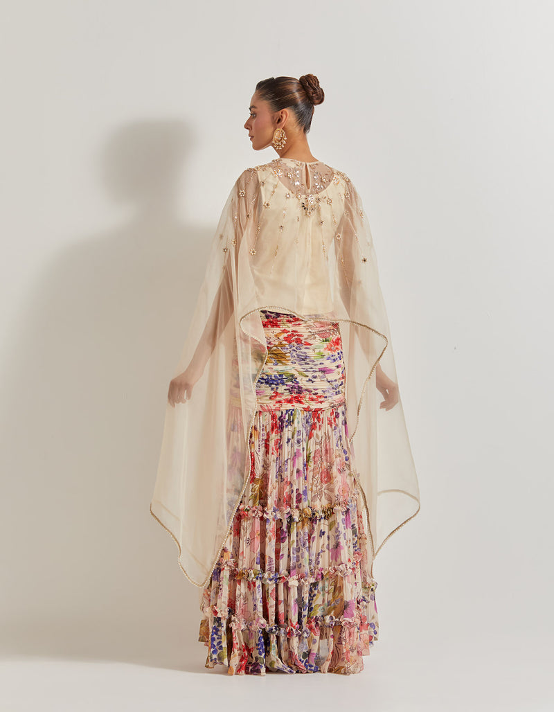 Blooming Burst Ruched Tiered Skirt Paired With Organza Silk Hand Embllished Cape