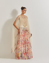 Blooming Burst Chiffon Tiered Skirt Paired With Organza Silk Hand Embllished Cape