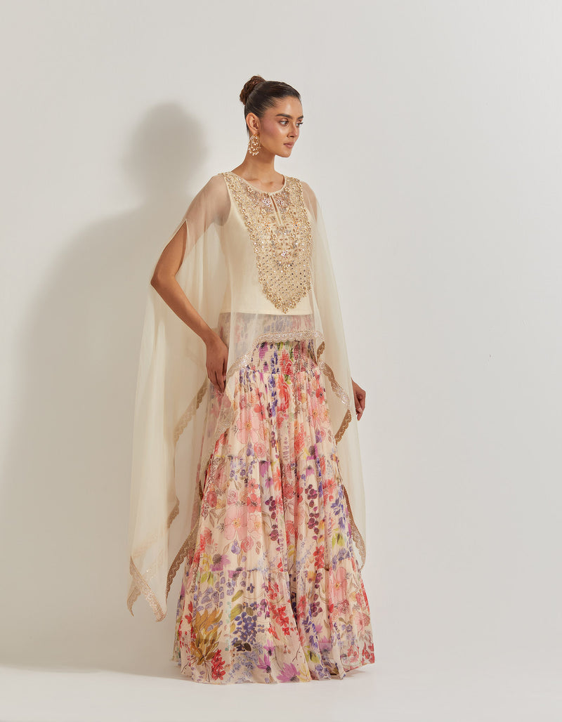 Blooming Burst Chiffon Tiered Skirt Paired With Organza Silk Hand Embllished Cape