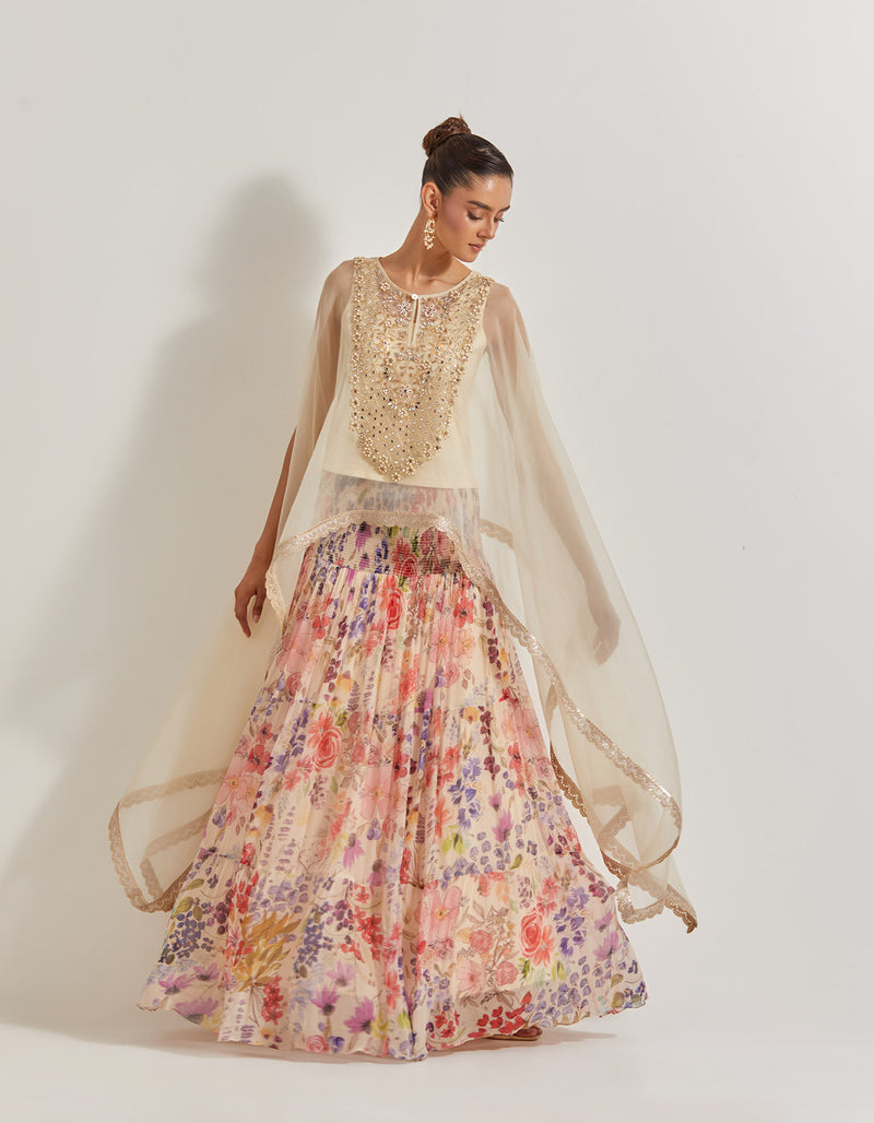 Blooming Burst Chiffon Tiered Skirt Paired With Organza Silk Hand Embllished Cape