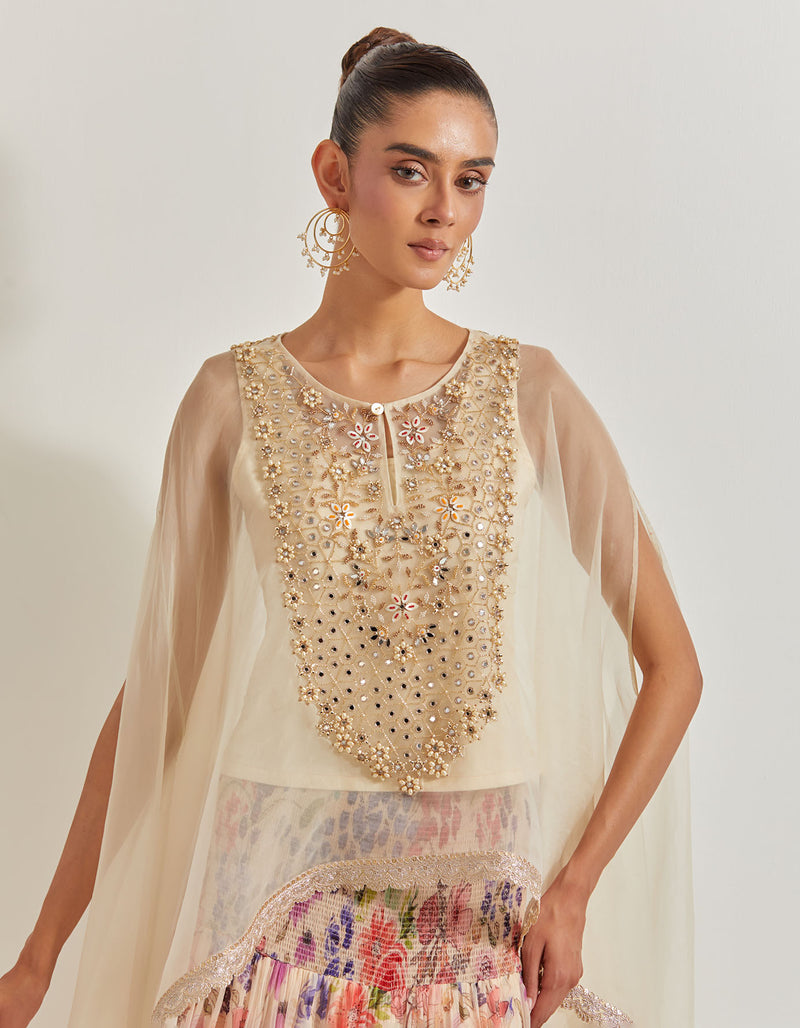 Blooming Burst Chiffon Tiered Skirt Paired With Organza Silk Hand Embllished Cape