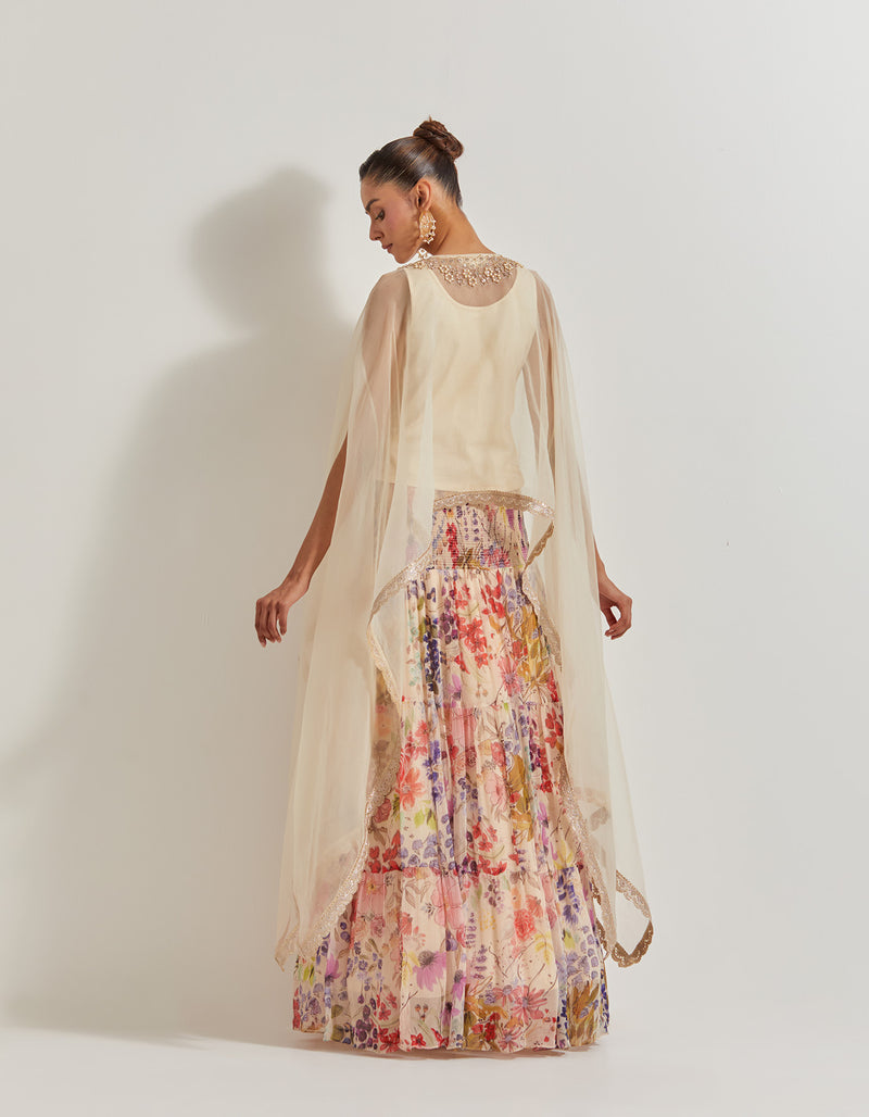 Blooming Burst Chiffon Tiered Skirt Paired With Organza Silk Hand Embllished Cape