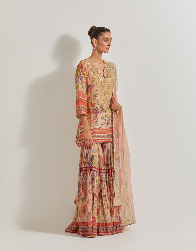 Blooming Burst Tissue Chanderi Sharara Set With Hand Embellished Neckline