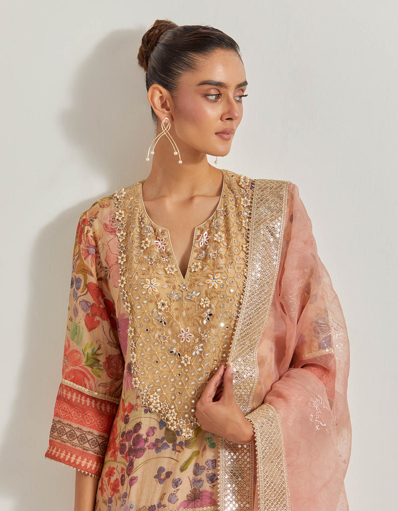 Blooming Burst Tissue Chanderi Sharara Set With Hand Embellished Neckline