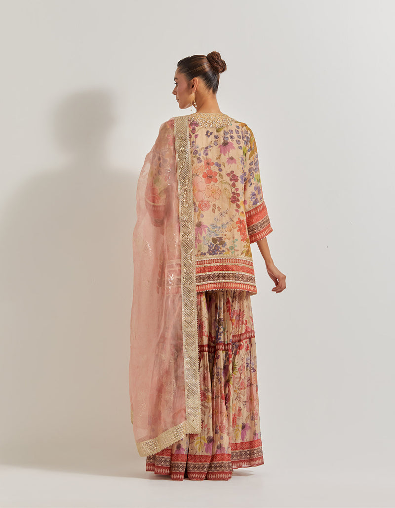 Blooming Burst Tissue Chanderi Sharara Set With Hand Embellished Neckline