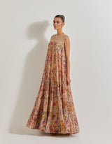 Blooming Burst Tissue Chanderi Tiered Hand Embellished Dress