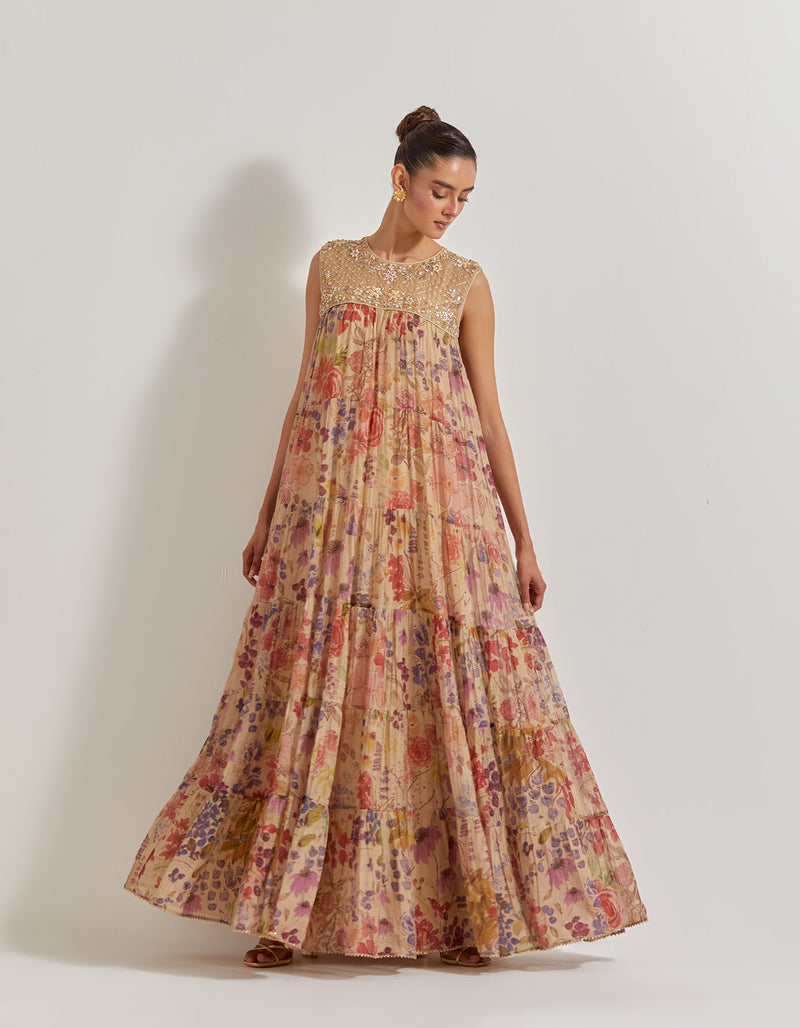 Blooming Burst Tissue Chanderi Tiered Hand Embellished Dress