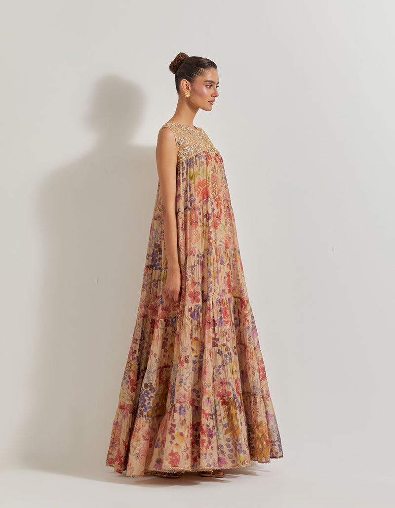 Blooming Burst Tissue Chanderi Tiered Hand Embellished Dress