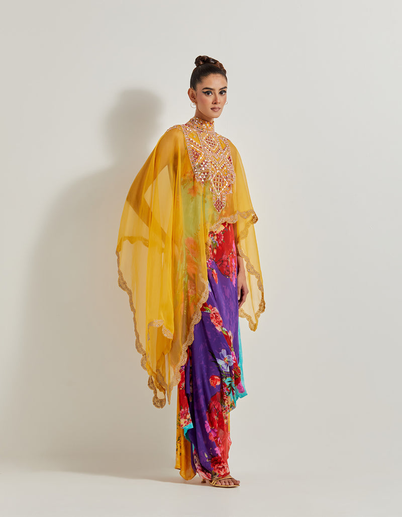 Creeper Drape Dress Paired With Organza Hand Embellished High Low Cape