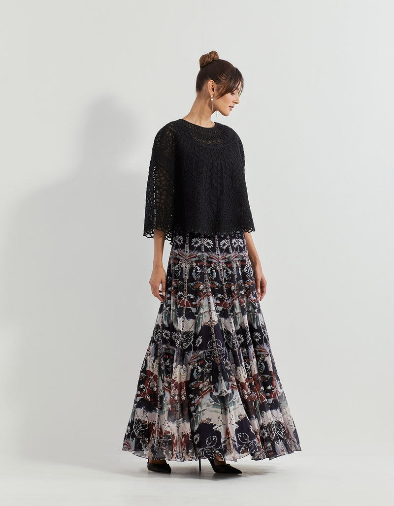 Black Cape With Skirt In Net And Georgette