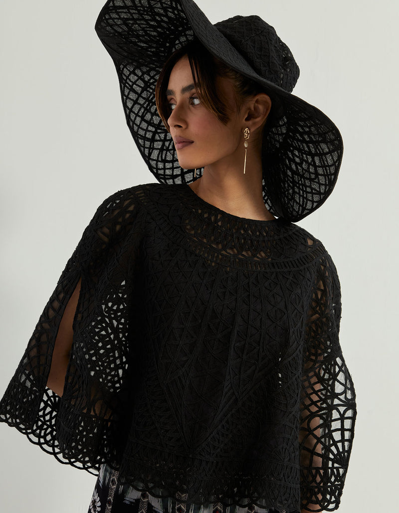 Black Cape With Skirt In Net And Georgette