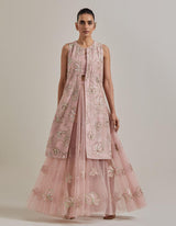 Pink Water Glimmer Long Jacket Paired With Mesh Circular Skirt And Inner