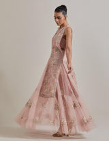 Pink Water Glimmer Long Jacket Paired With Mesh Circular Skirt And Inner