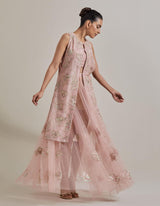 Pink Water Glimmer Long Jacket Paired With Mesh Circular Skirt And Inner