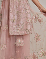 Pink Water Glimmer Long Jacket Paired With Mesh Circular Skirt And Inner