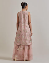 Pink Water Glimmer Long Jacket Paired With Mesh Circular Skirt And Inner