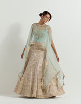 Sage Green Organza And Tissue Raeth Cape With Skirt