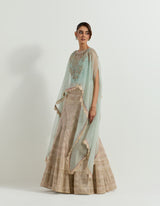 Sage Green Organza And Tissue Raeth Cape With Skirt