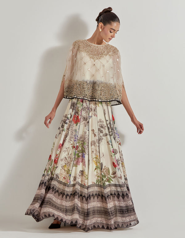 Multicolor Organza Hand Embellsihed Cape Paired With Botnical Printed Skirt