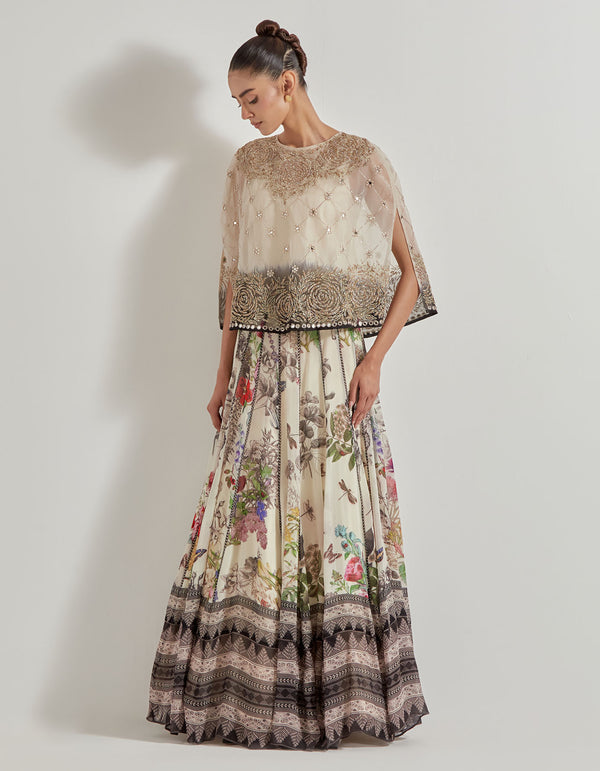 Multicolor Organza Hand Embellsihed Cape Paired With Botnical Printed Skirt