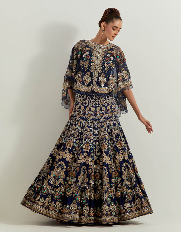 Navy Blue Dori And Hand Embellished Circular Cape Skirt In Pure Dupion and Organza Silk