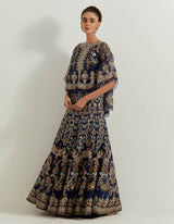 Navy Blue Dori And Hand Embellished Circular Cape Skirt In Pure Dupion and Organza Silk